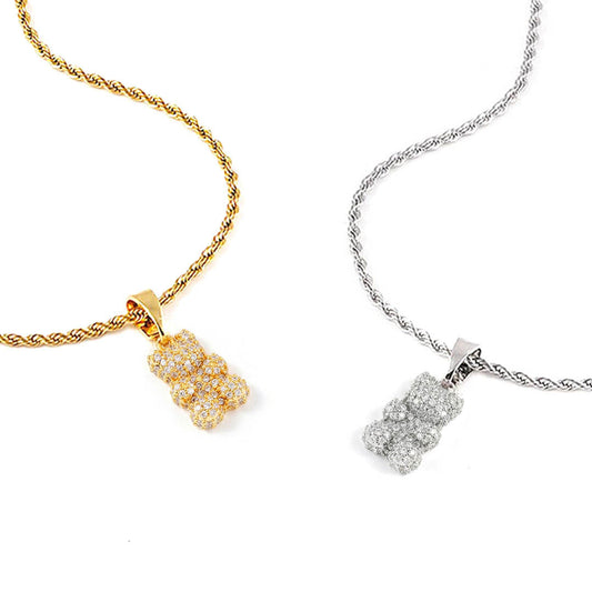 Halskette mit Zirkon-Teddybär und Kordelkette